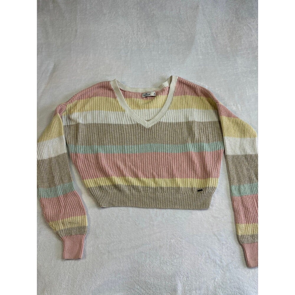 Hollister Pastel/Neutral Color Block Striped Vneck Knit Sweater size medium